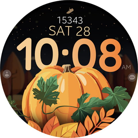 Autumn-themed smartwatch face for Wear OS displaying the time as 10:08 AM with a large orange pumpkin and green leaves illustration against a dark, starry background. The date is shown as Saturday 28th, and a step count of 15,343 is visible above the time.