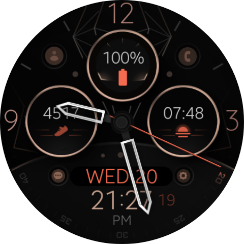 Hybrid watch face for Wear OS smartwatch featuring a modern orange design with analog hands and digital elements, including customizable shortcuts, complications, and changeable colors.