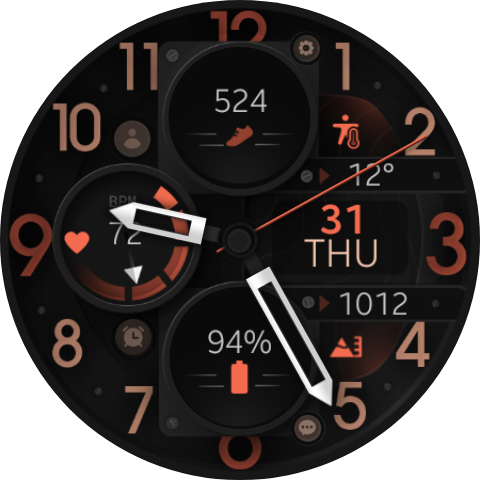 Modern, black, orange, analog watch face, showing time as 9:26:10 AM and date as Thursday 31, with a step count, heart rate, and battery indicator.