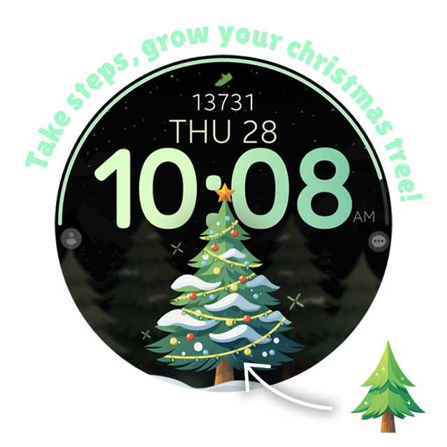 Christmas themed digital watch face with a decorated tree, showing time as 10:08 AM and date as Thursday 28, with a step count indicator at the top.